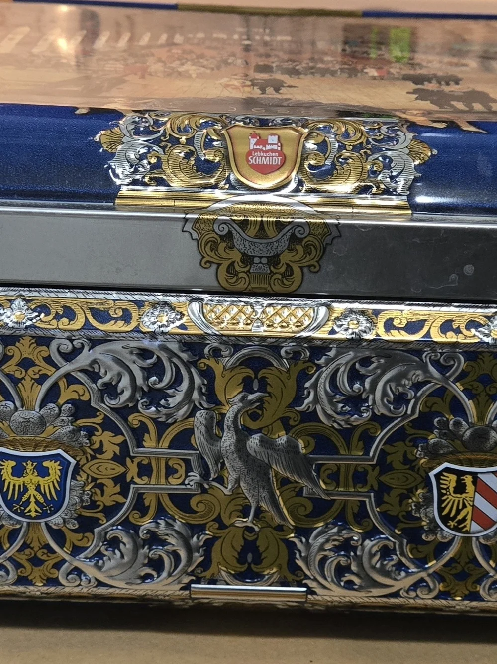 Vintage German Decorative Metal Tin Box with Detailed Courtroom Scene